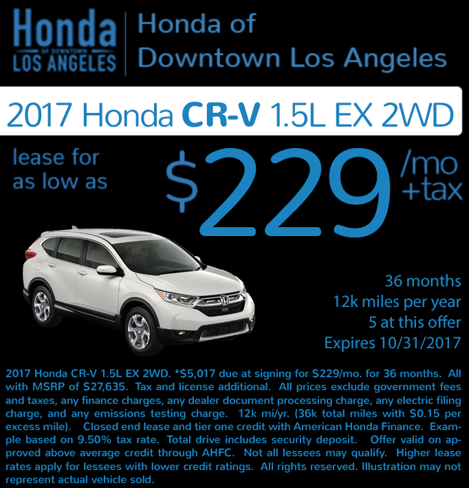 Check out these new car lease special deals on the all new Honda CR-V SUV. Contact our dealership in Downtown Los Angeles for more details! Check out these new car lease special deals on the all new Honda CR-V SUV. Contact our dealership in Downtown Los Angeles for more details!