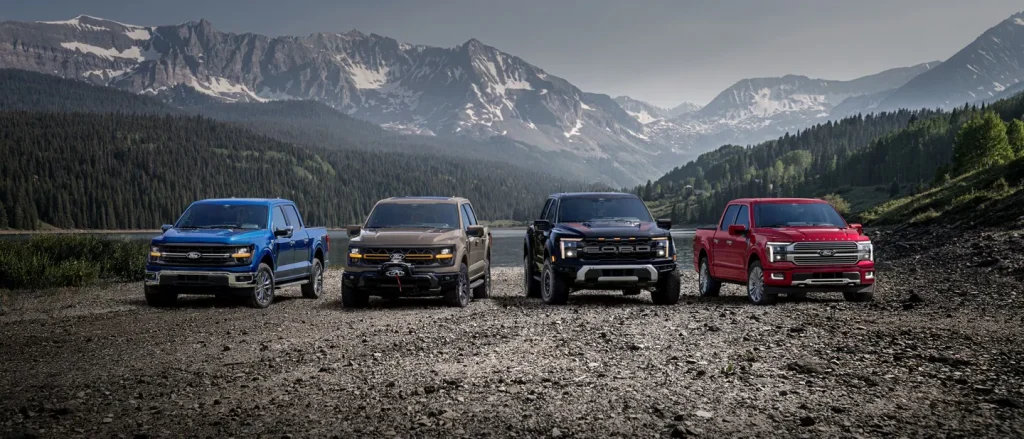 line up of 4 2025 ford f-150s