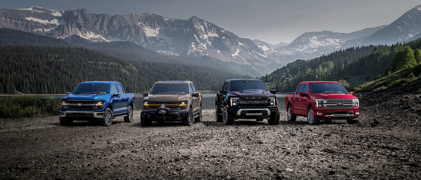 line up of 4 2025 ford f-150s