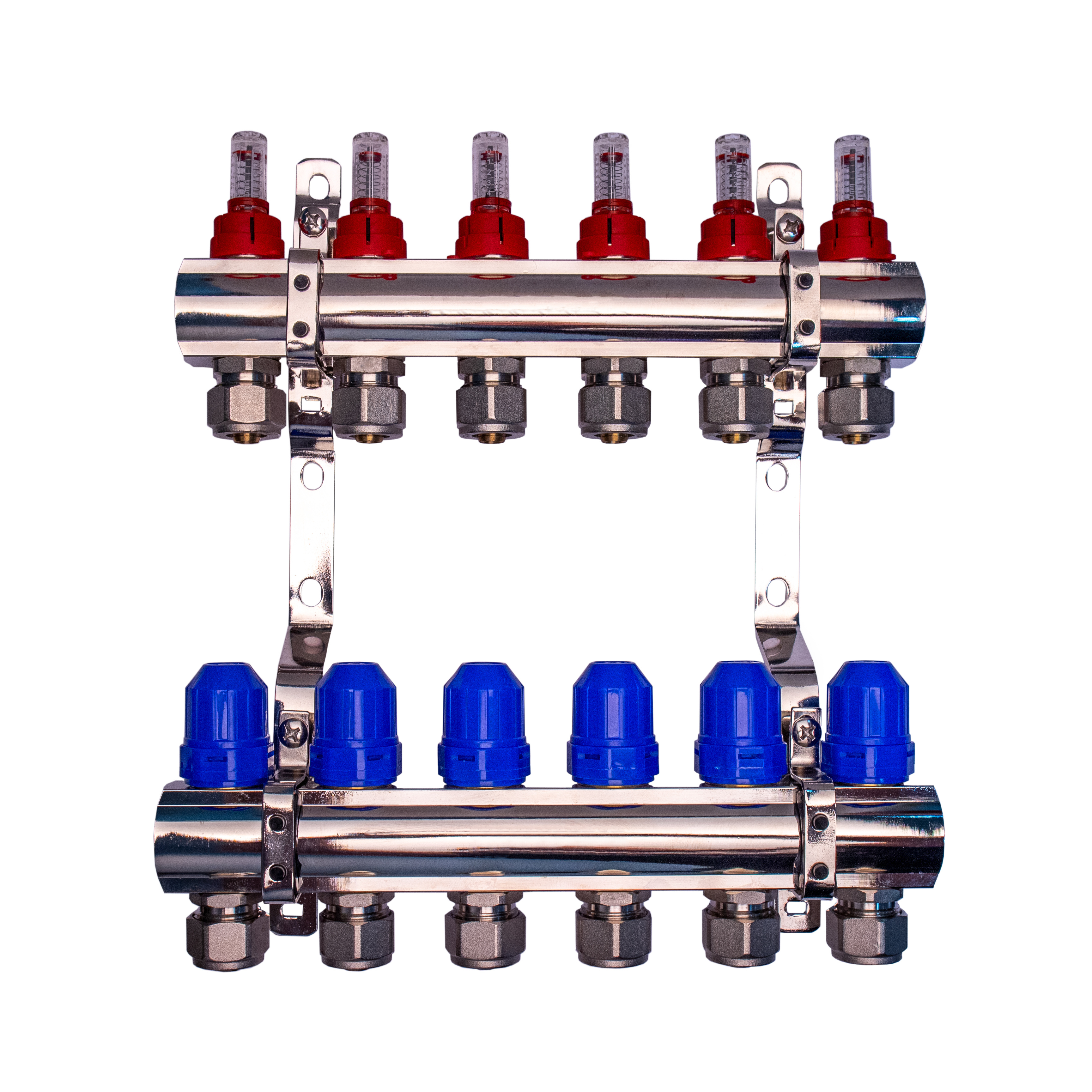 Hydronic Control Appliances For Underfloor Heating And Cooling. Manifold Assembly For Underfloor Heating. Isolated On A White Background.