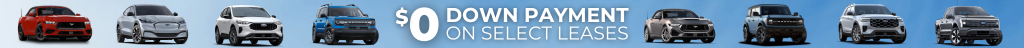 Slim banner featuring various 2025 Ford models with $0 down lease offer at Freedom Ford Eufaula