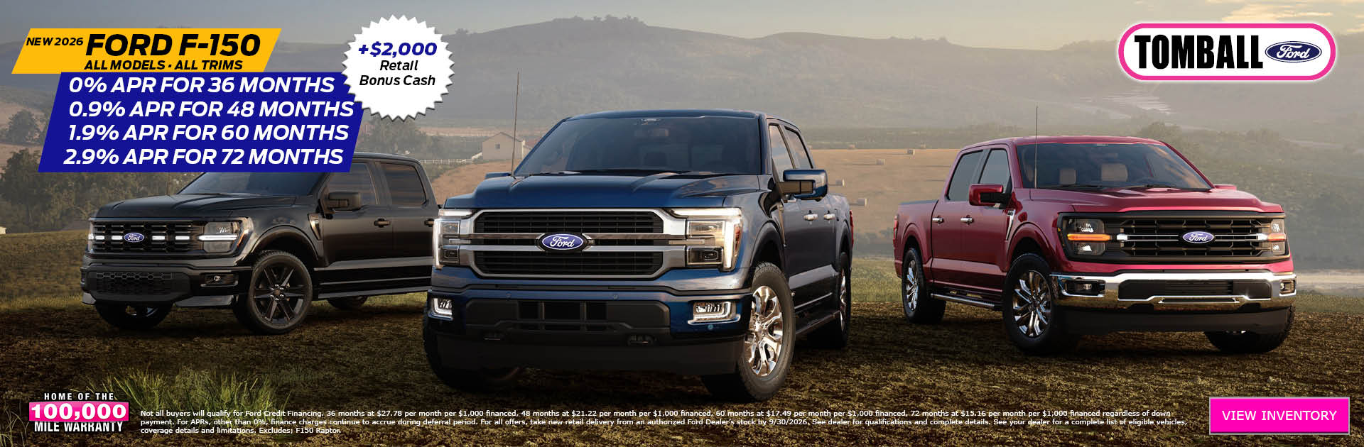 Tomball Ford offer on new 2026 Ford F-150 models featuring 0% APR for 36 months and $2,000 Retail Bonus Cash through September 30, 2026.
