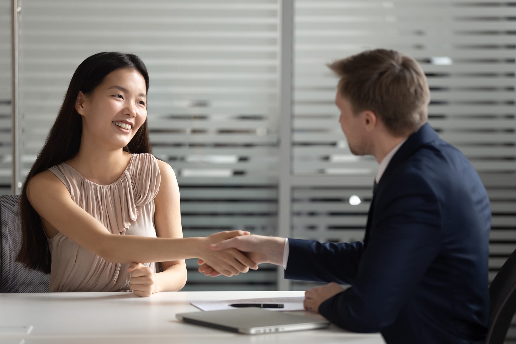 Finance expert and buyer shaking hands